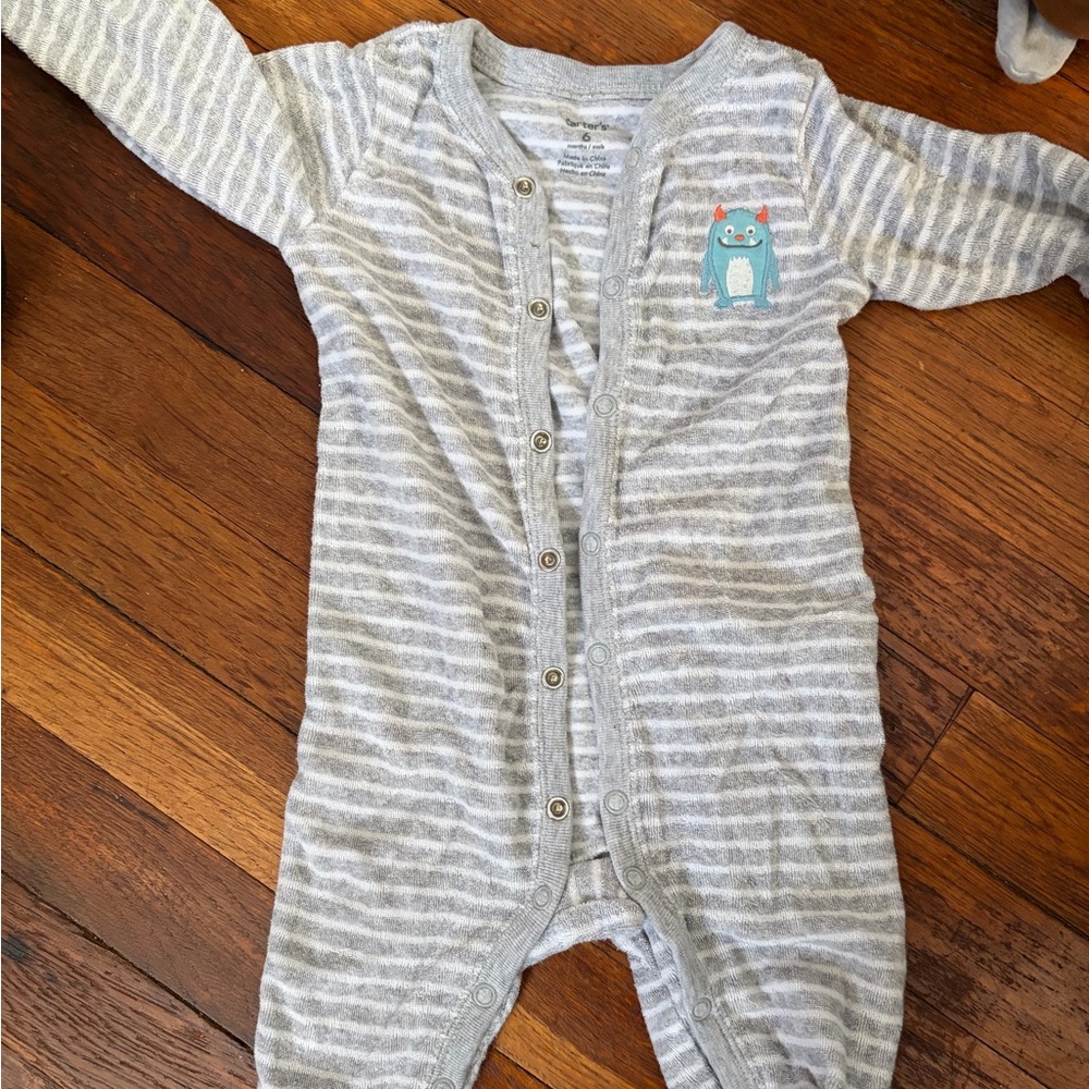 Carter's Gray and White Striped Footie with Monster Patch